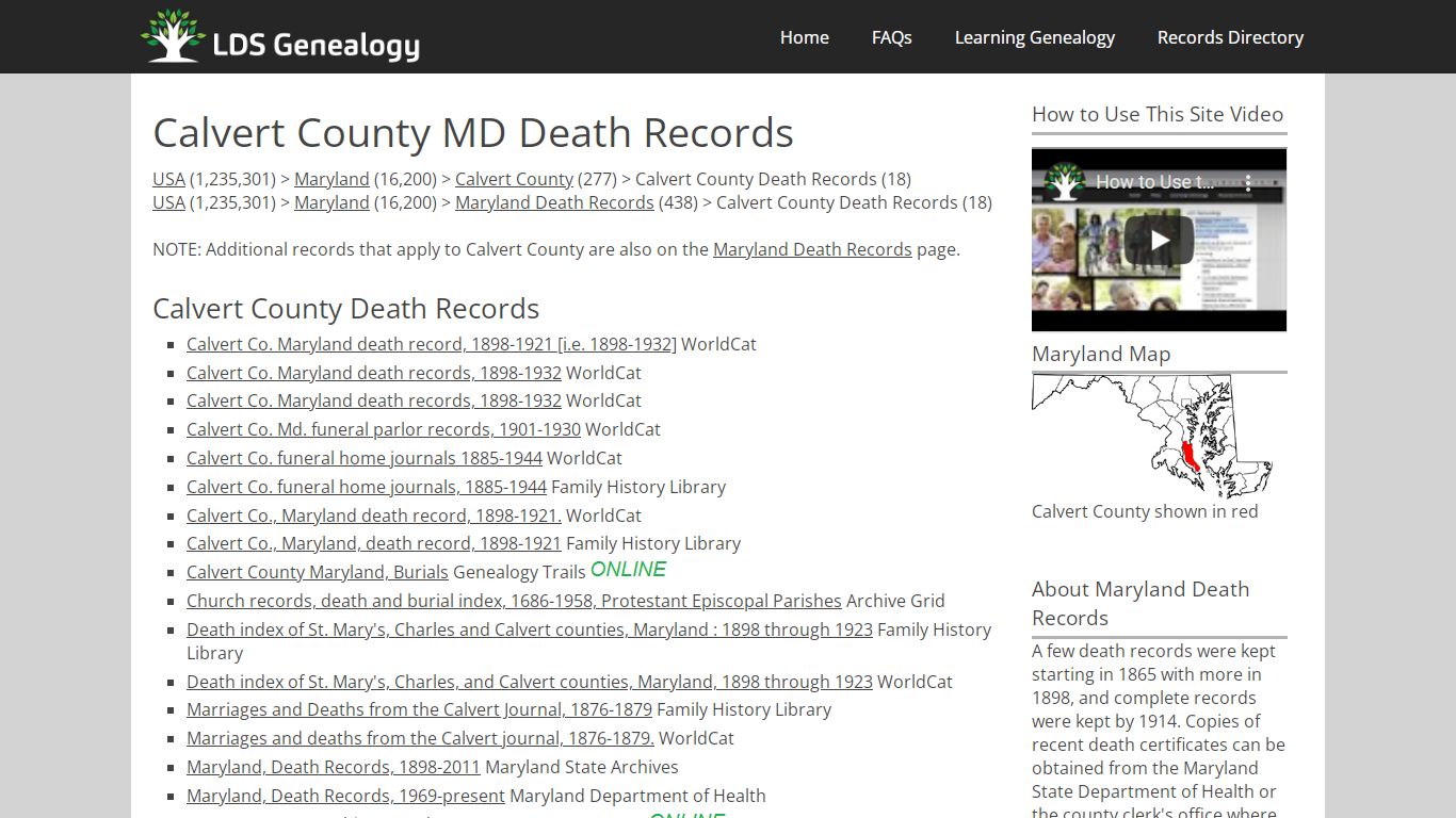 Calvert County MD Death Records - LDS Genealogy