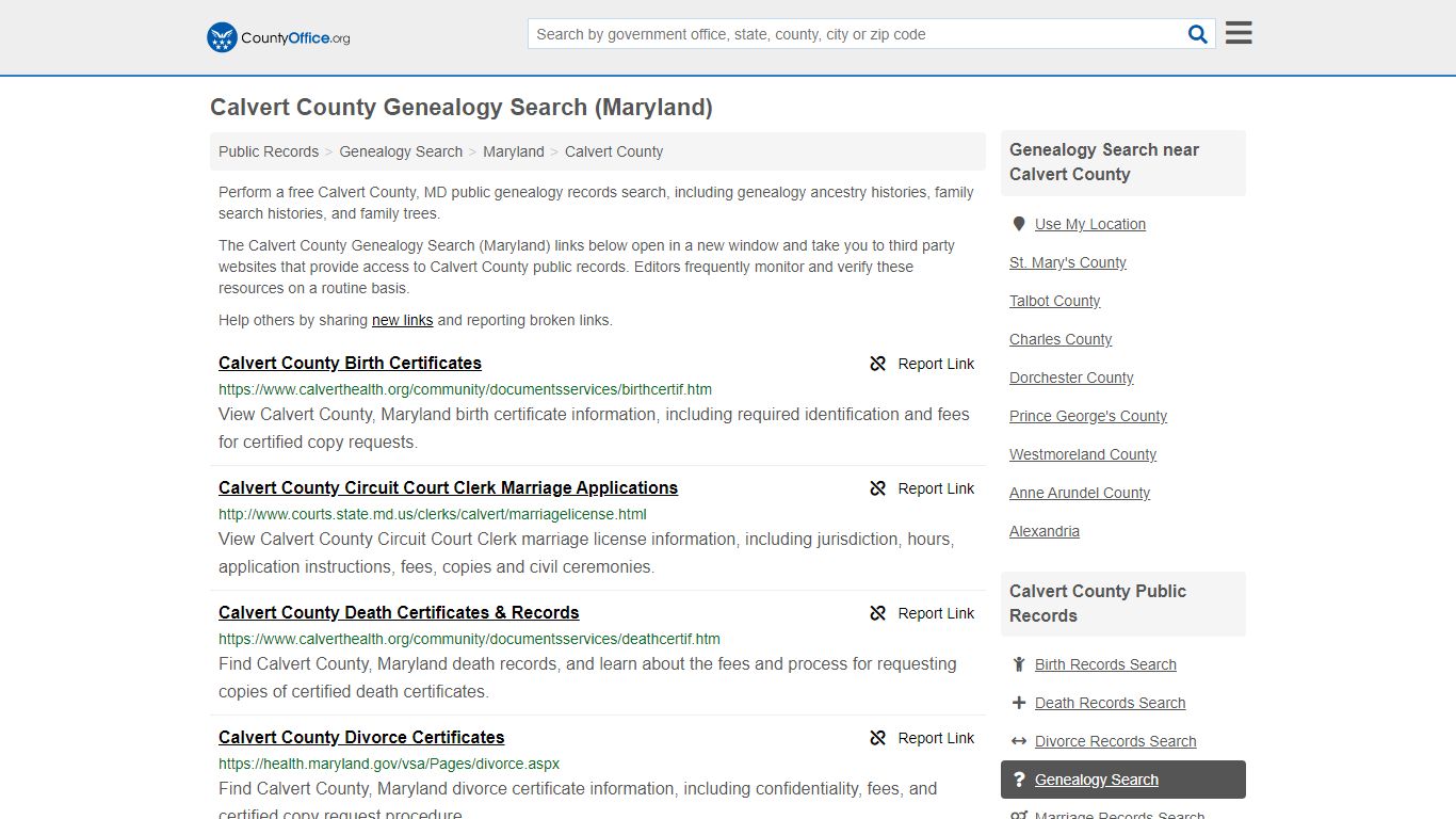 Genealogy Search - Calvert County, MD (Family History ...